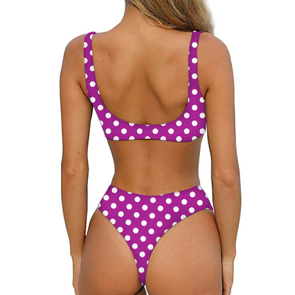 Purple And White Polka Dot Pattern Print Front Bow Tie Bikini