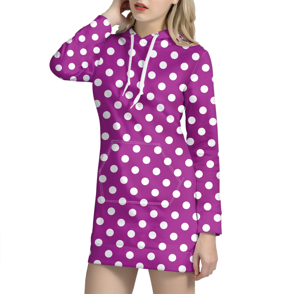 Purple And White Polka Dot Pattern Print Hoodie Dress