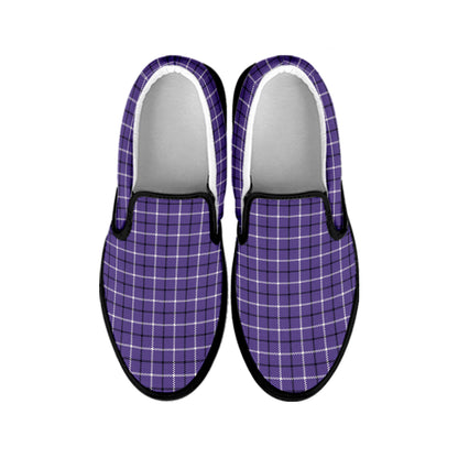 Purple And White Tattersall Print Black Slip On Shoes