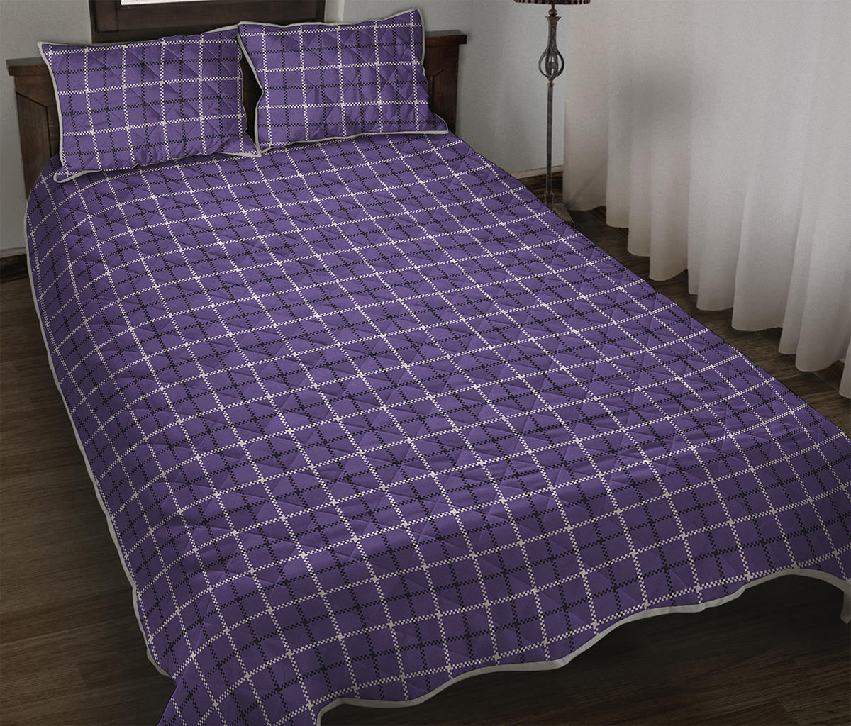 Purple And White Tattersall Print Quilt Bed Set