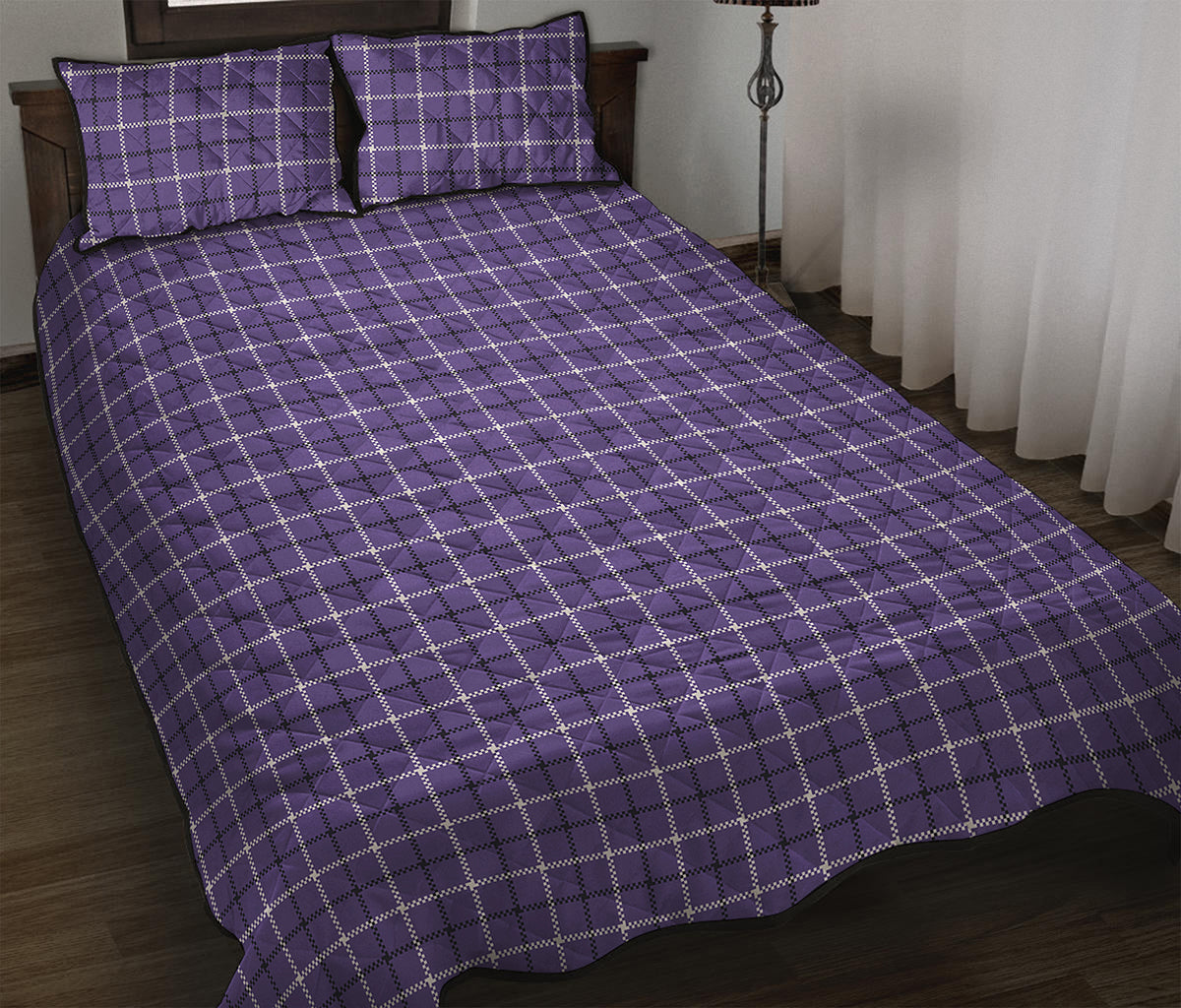 Purple And White Tattersall Print Quilt Bed Set