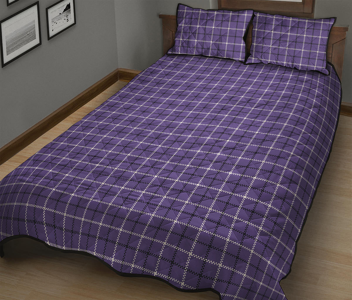 Purple And White Tattersall Print Quilt Bed Set