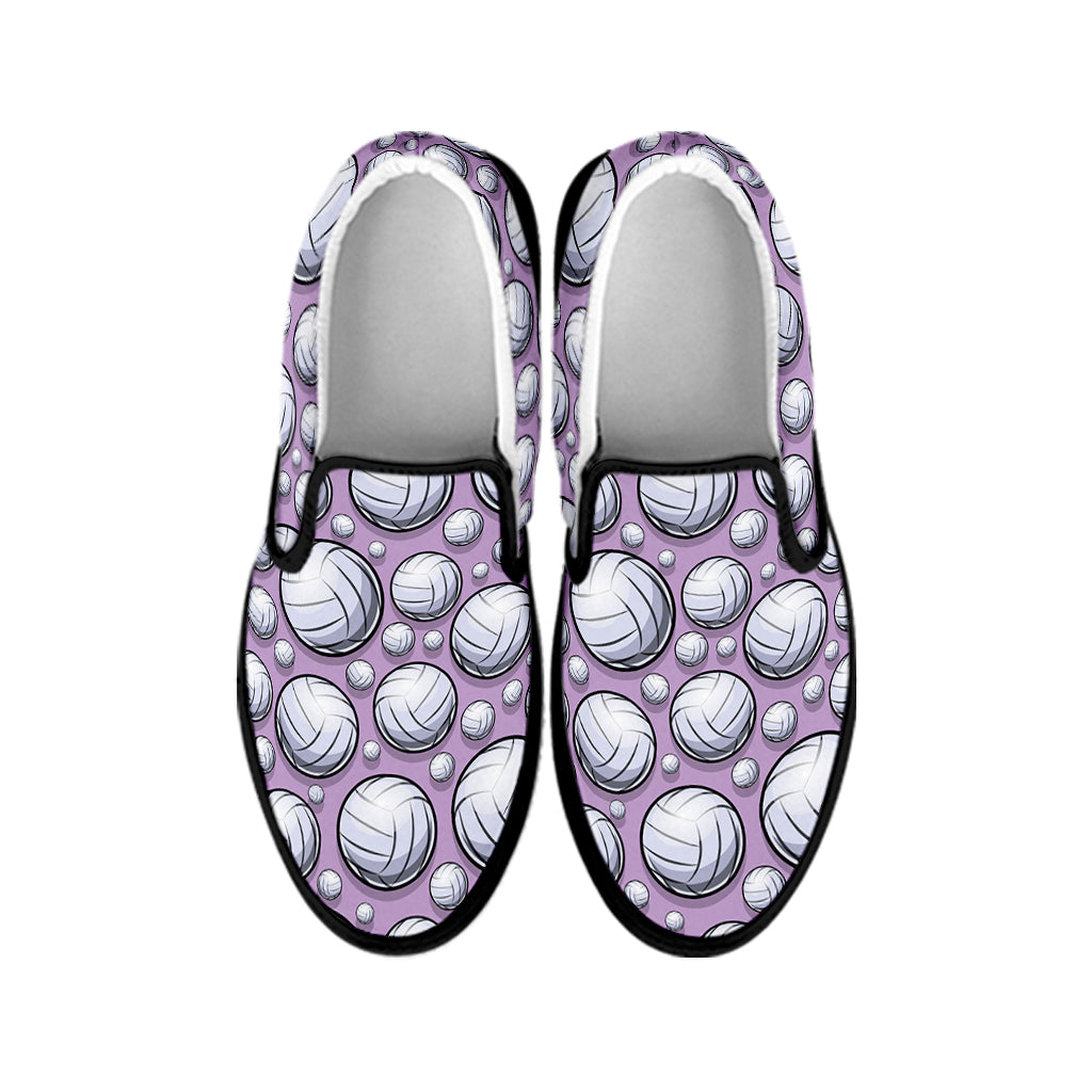 Purple And White Volleyball Print Black Slip On Shoes