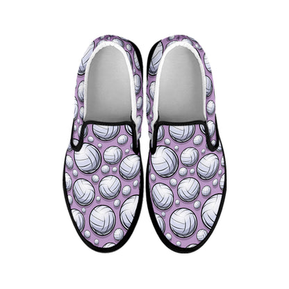 Purple And White Volleyball Print Black Slip On Shoes