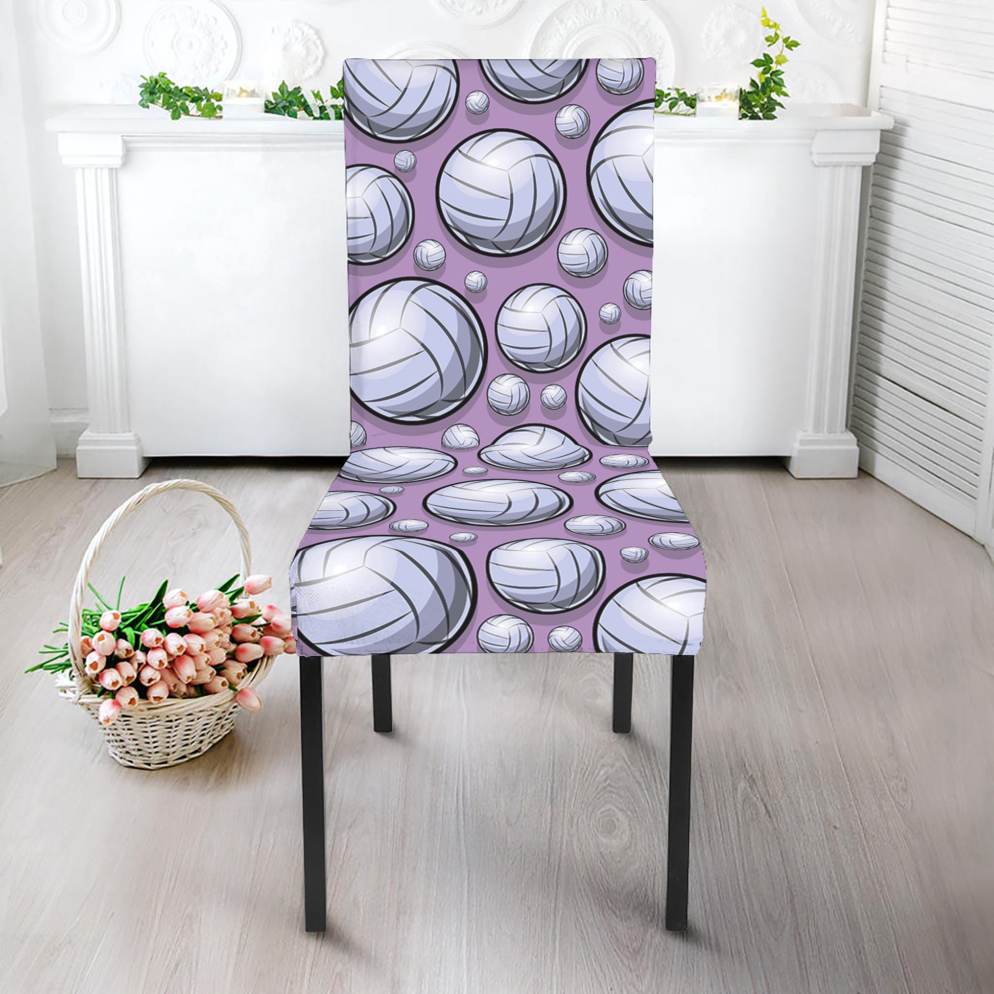 Purple And White Volleyball Print Dining Chair Slipcover