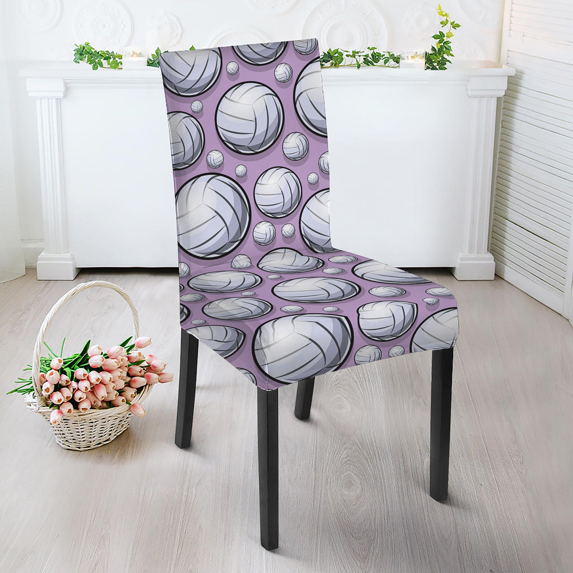 Purple And White Volleyball Print Dining Chair Slipcover
