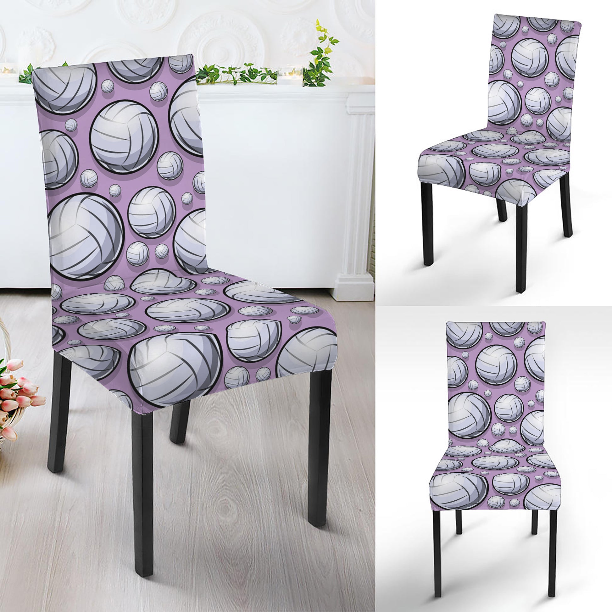 Purple And White Volleyball Print Dining Chair Slipcover