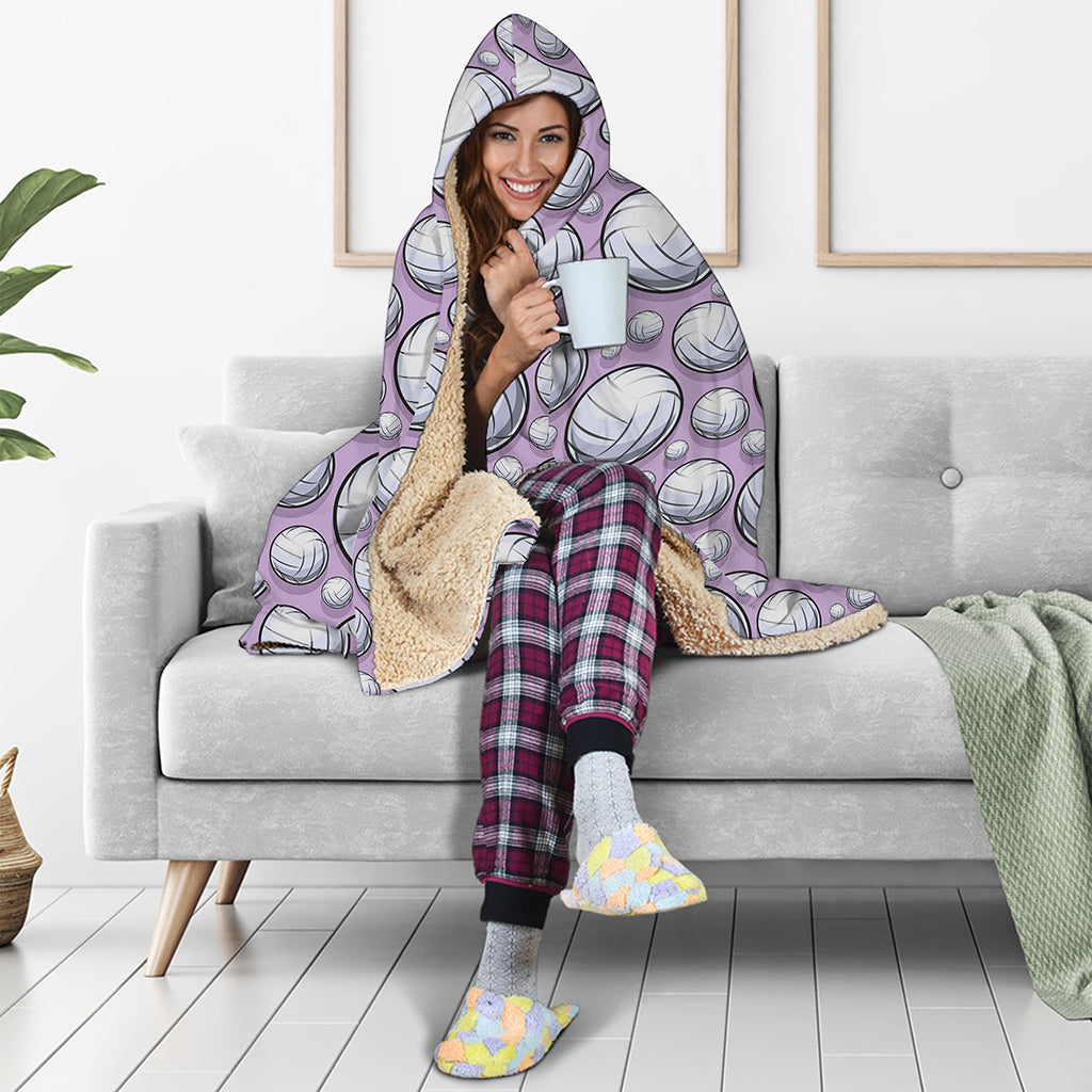 Purple And White Volleyball Print Hooded Blanket
