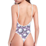 Purple And White Volleyball Print One Piece High Cut Swimsuit