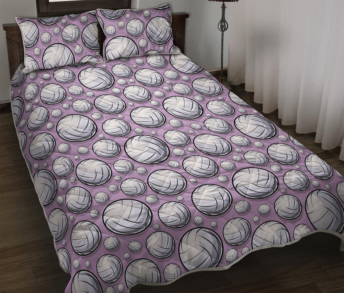 Purple And White Volleyball Print Quilt Bed Set
