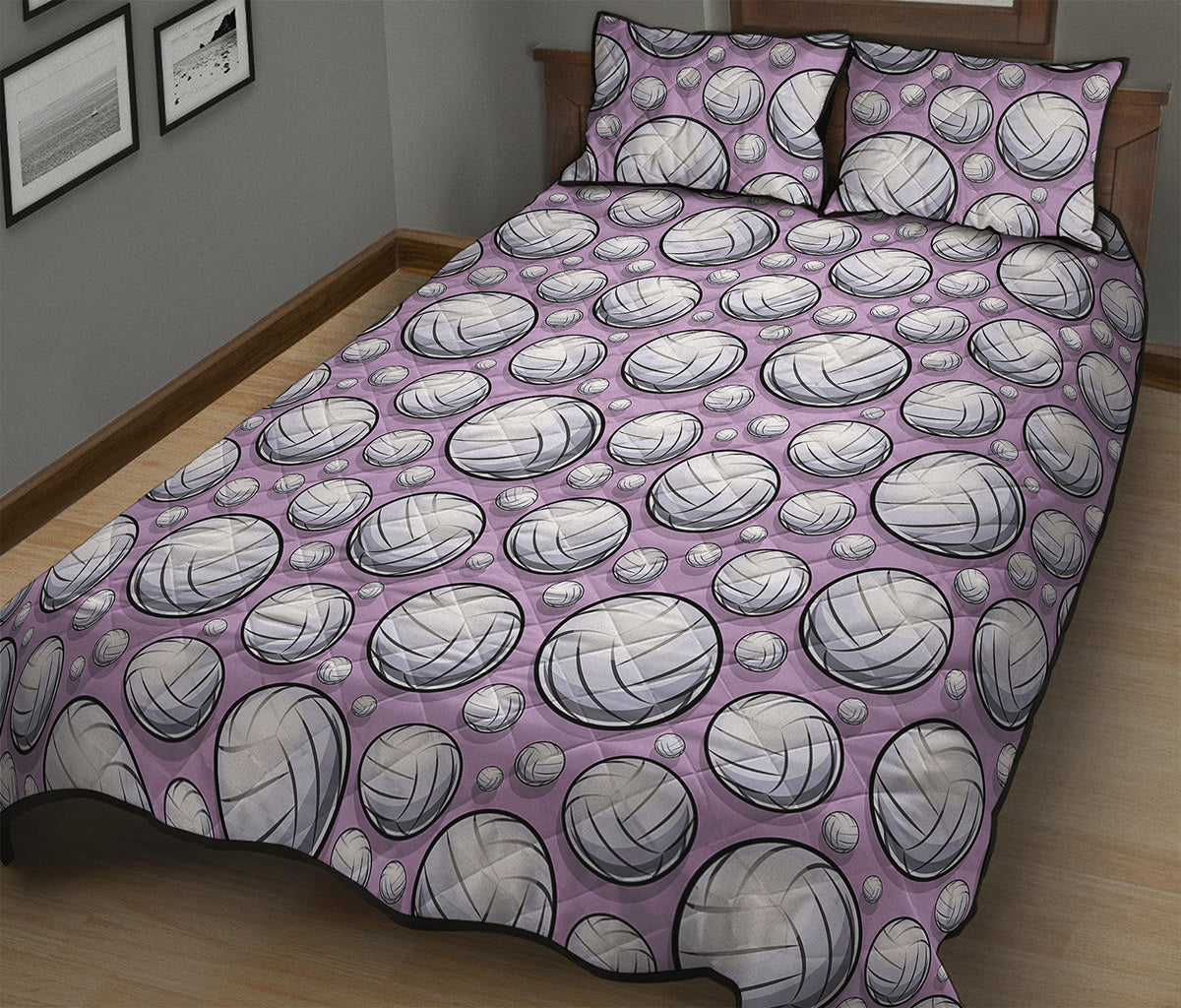 Purple And White Volleyball Print Quilt Bed Set