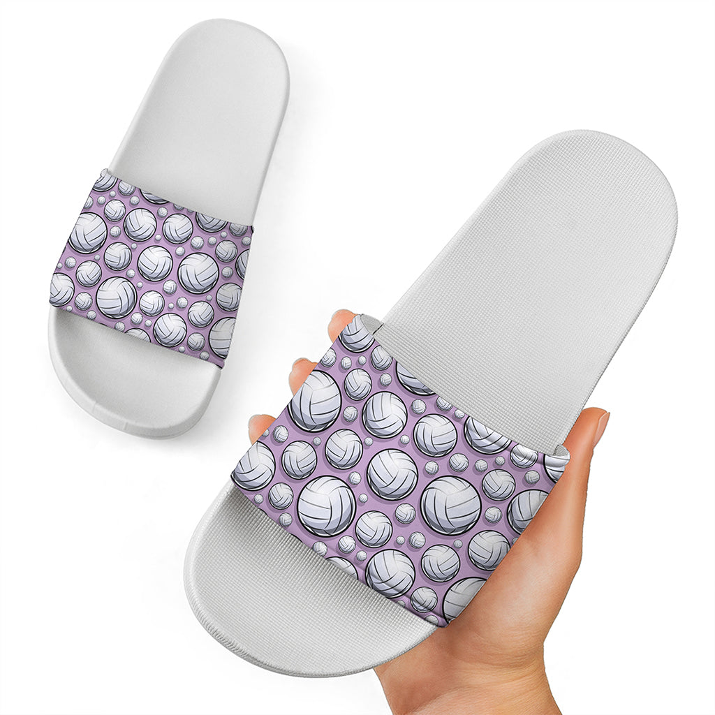 Purple And White Volleyball Print White Slide Sandals