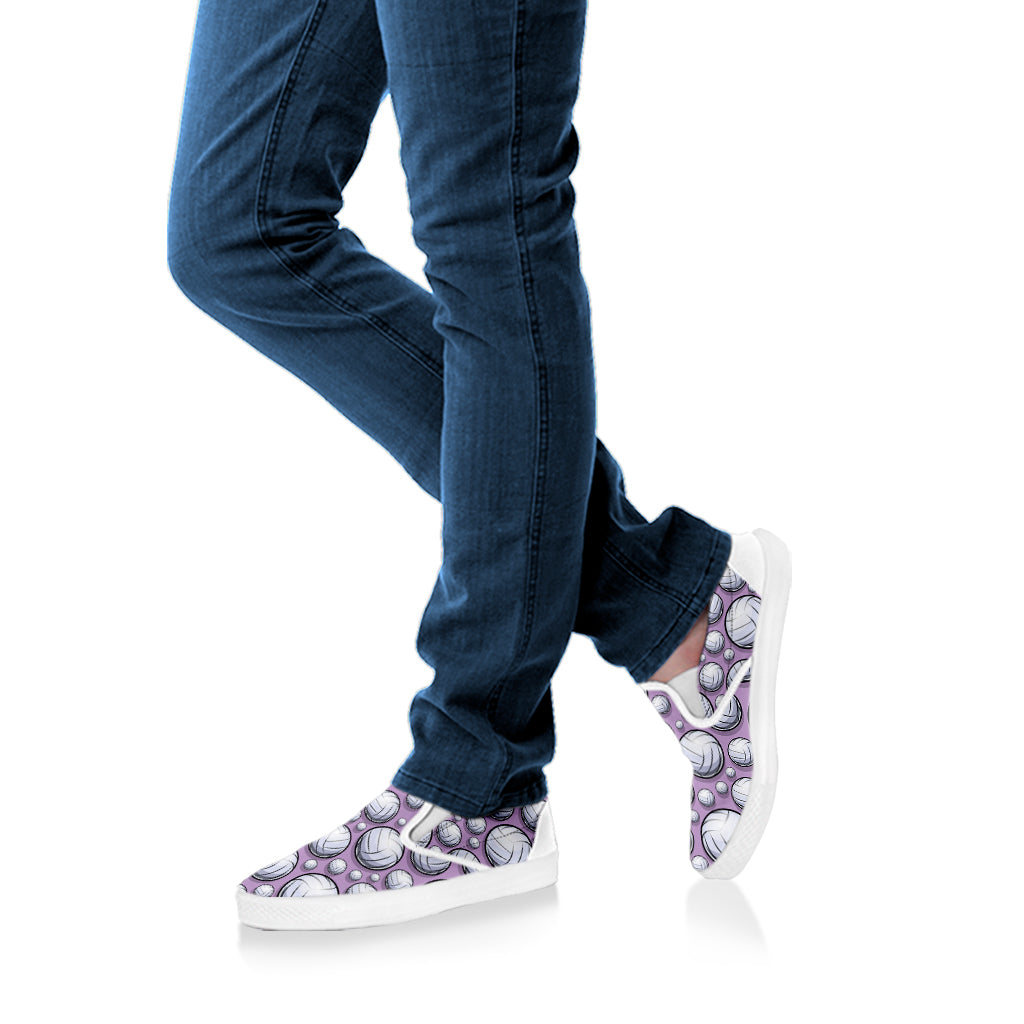Purple And White Volleyball Print White Slip On Shoes