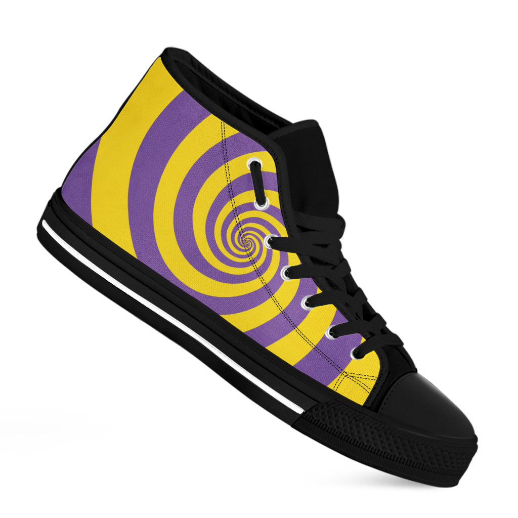 Purple And Yellow Spiral Illusion Print Black High Top Shoes