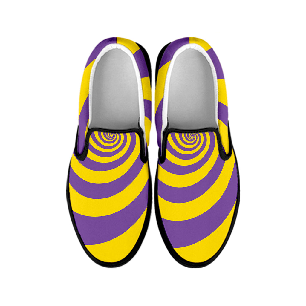 Purple And Yellow Spiral Illusion Print Black Slip On Shoes