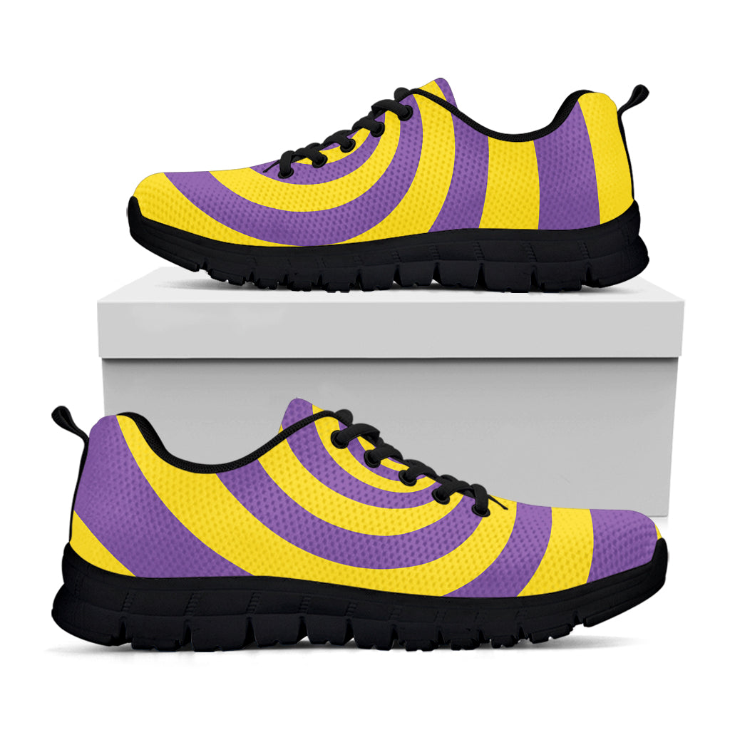 Purple And Yellow Spiral Illusion Print Black Sneakers