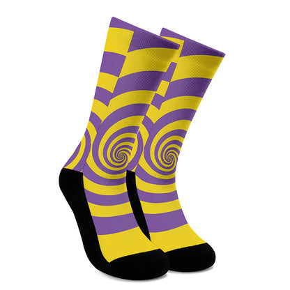 Purple And Yellow Spiral Illusion Print Crew Socks