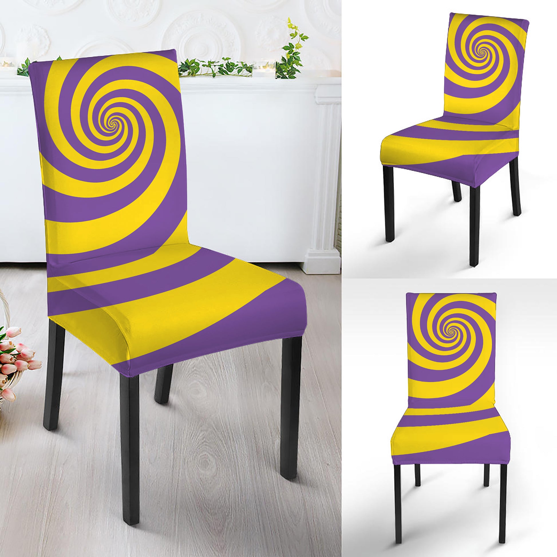 Purple And Yellow Spiral Illusion Print Dining Chair Slipcover