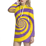 Purple And Yellow Spiral Illusion Print Hoodie Dress