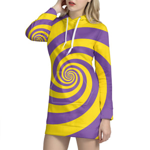 Purple And Yellow Spiral Illusion Print Hoodie Dress