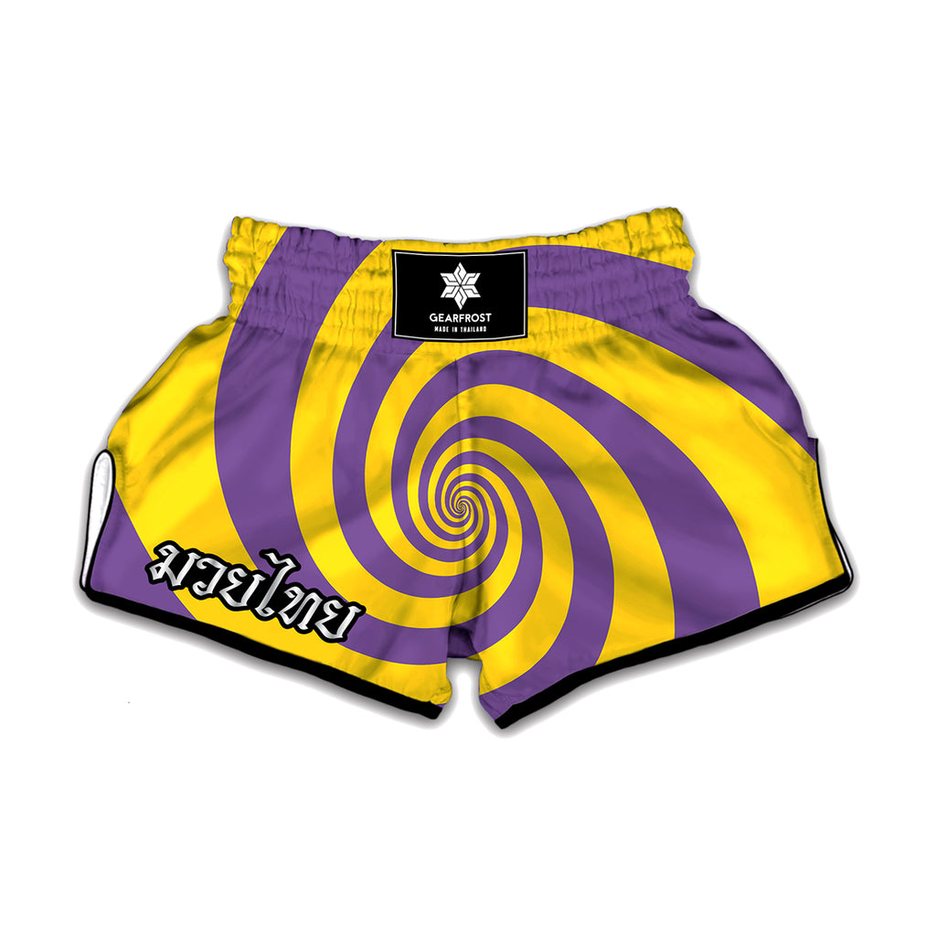 Purple And Yellow Spiral Illusion Print Muay Thai Boxing Shorts