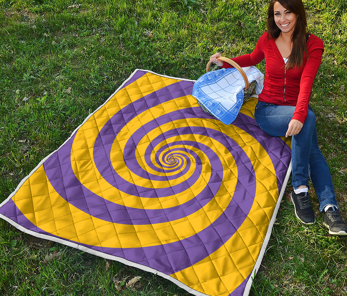 Purple And Yellow Spiral Illusion Print Quilt