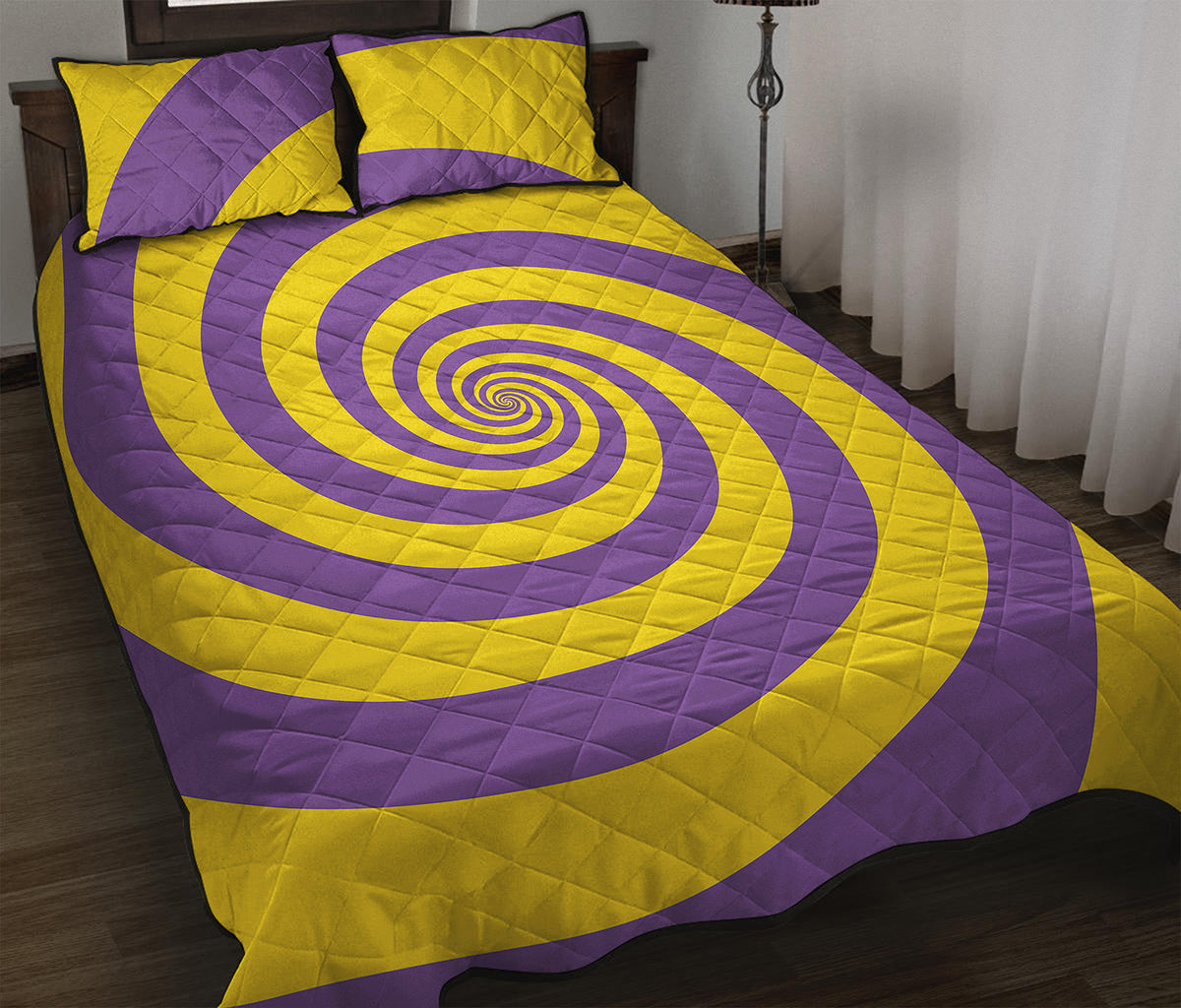 Purple And Yellow Spiral Illusion Print Quilt Bed Set