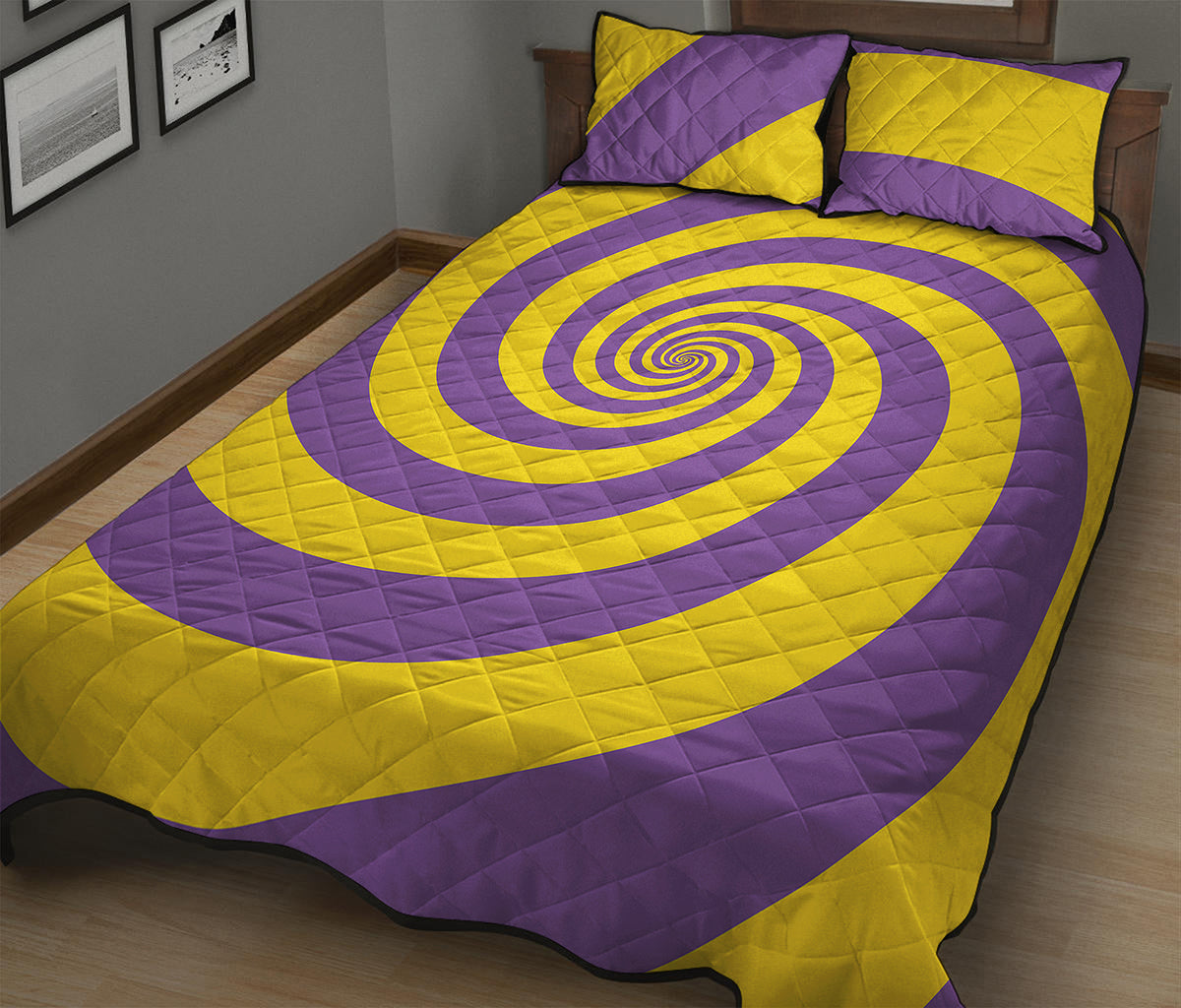 Purple And Yellow Spiral Illusion Print Quilt Bed Set