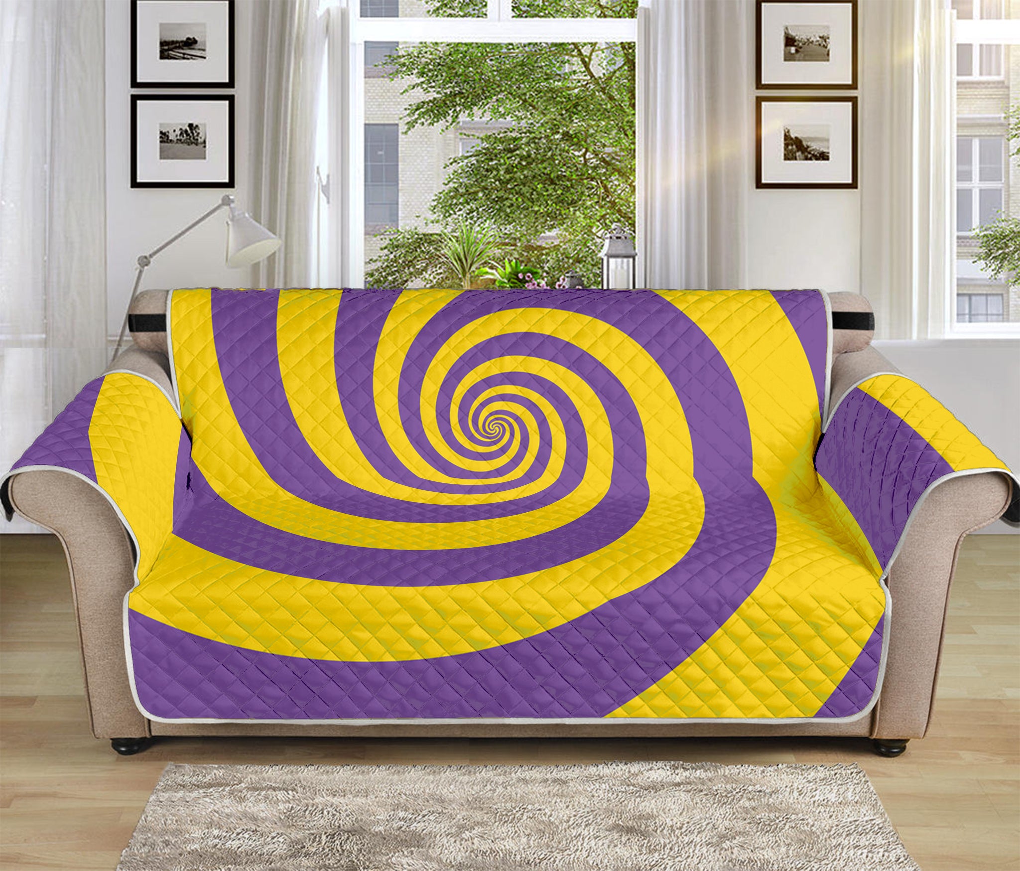 Purple And Yellow Spiral Illusion Print Sofa Protector