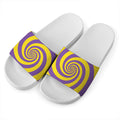 Purple And Yellow Spiral Illusion Print White Slide Sandals