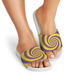 Purple And Yellow Spiral Illusion Print White Slide Sandals