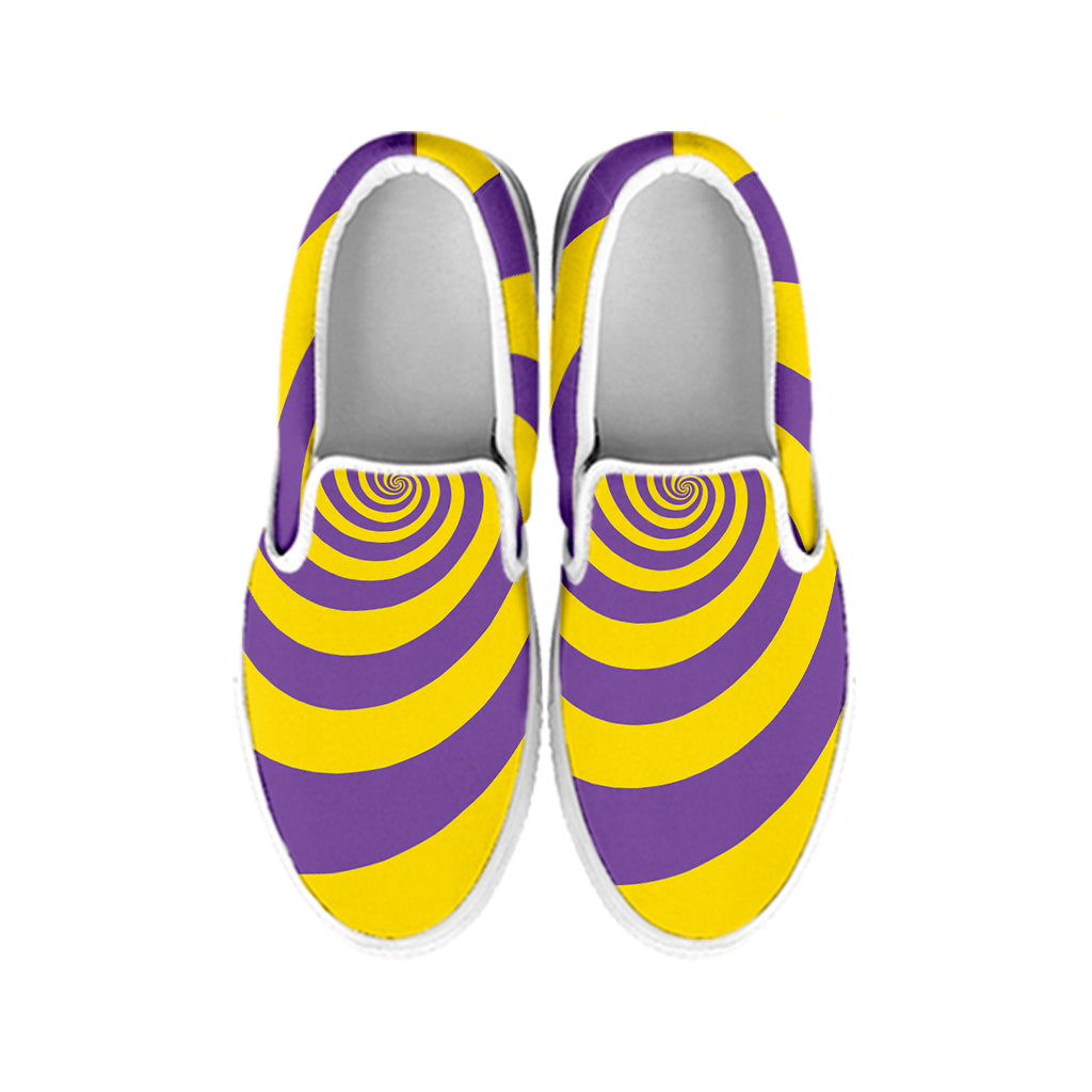 Purple And Yellow Spiral Illusion Print White Slip On Shoes