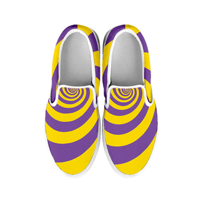 Purple And Yellow Spiral Illusion Print White Slip On Shoes