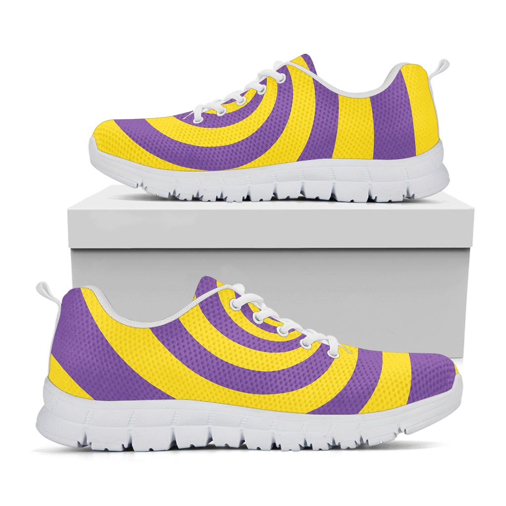 Purple And Yellow Spiral Illusion Print White Sneakers