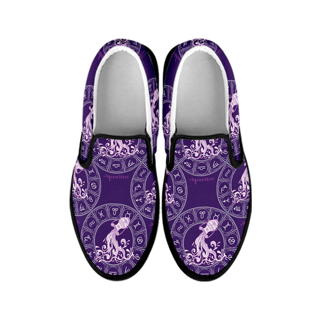 Purple Aquarius Zodiac Pattern Print Black Slip On Shoes