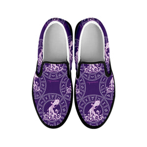 Purple Aquarius Zodiac Pattern Print Black Slip On Shoes