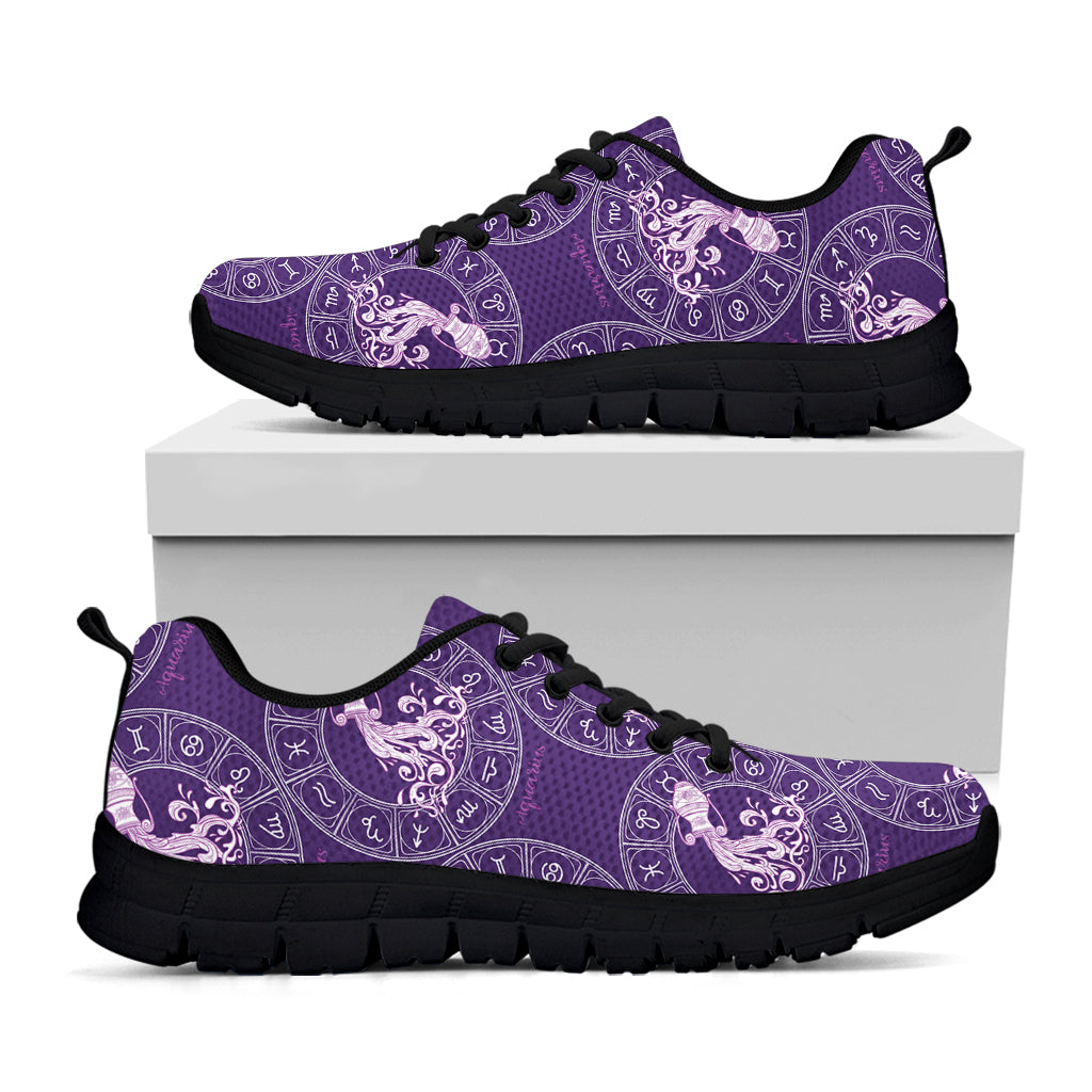 Purple Aquarius Zodiac Pattern Print Black Sneakers