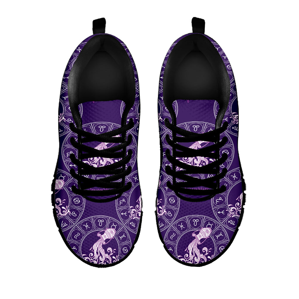 Purple Aquarius Zodiac Pattern Print Black Sneakers