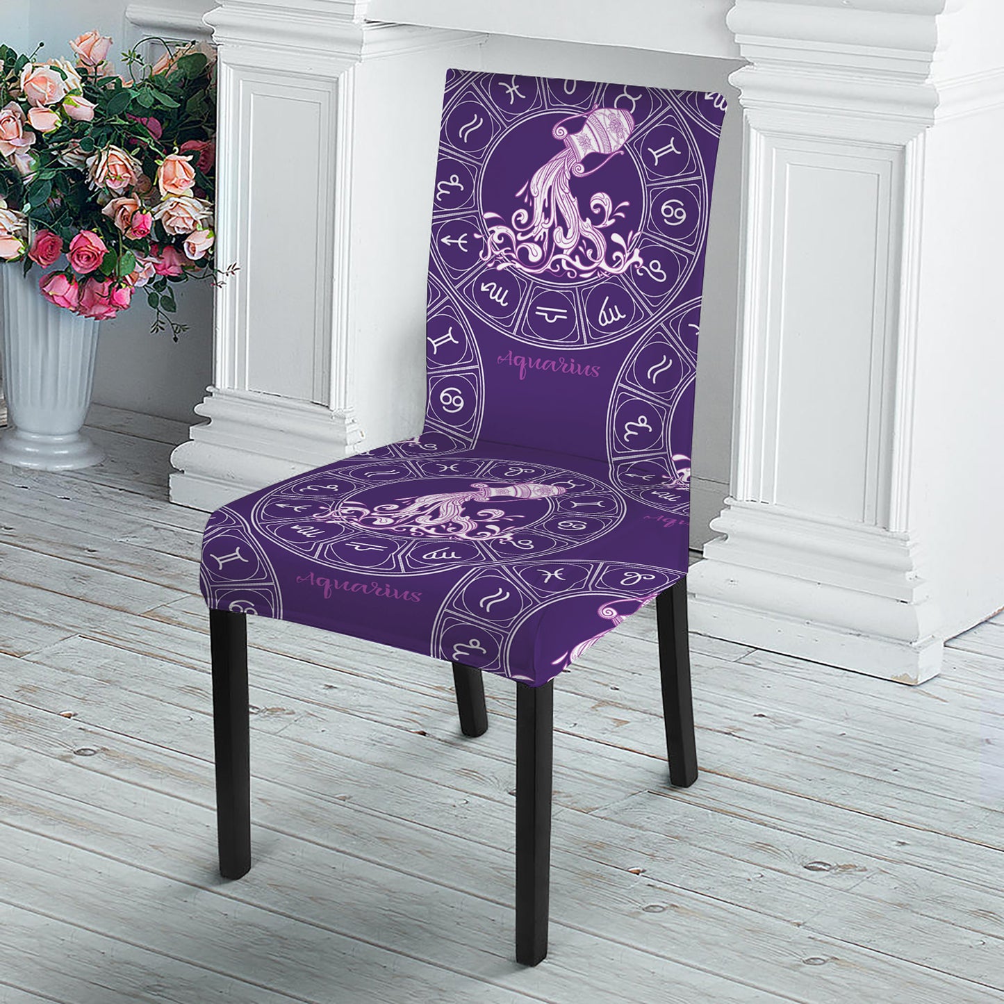 Purple Aquarius Zodiac Pattern Print Dining Chair Slipcover