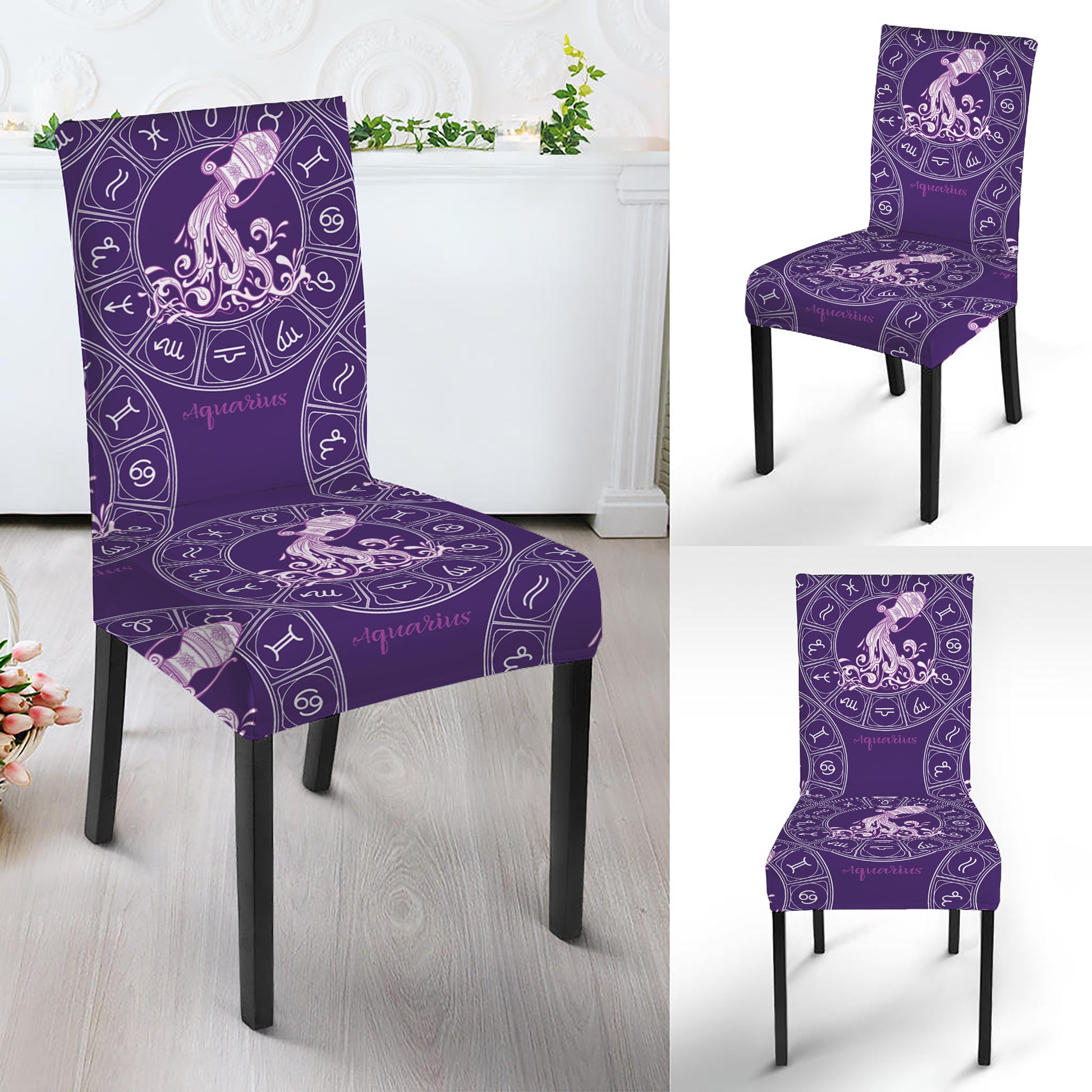 Purple Aquarius Zodiac Pattern Print Dining Chair Slipcover
