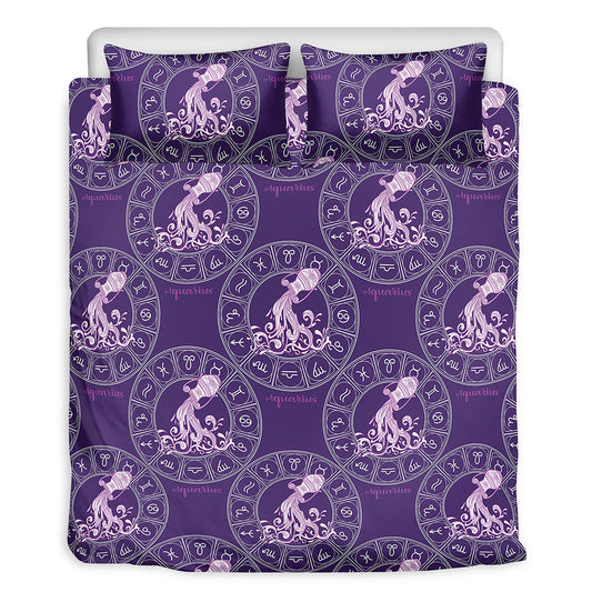Purple Aquarius Zodiac Pattern Print Duvet Cover Bedding Set