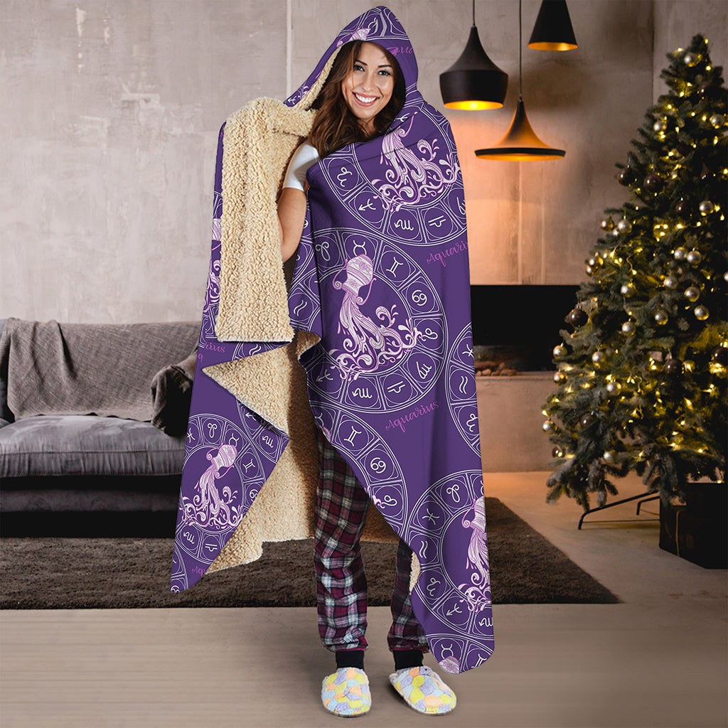 Purple Aquarius Zodiac Pattern Print Hooded Blanket