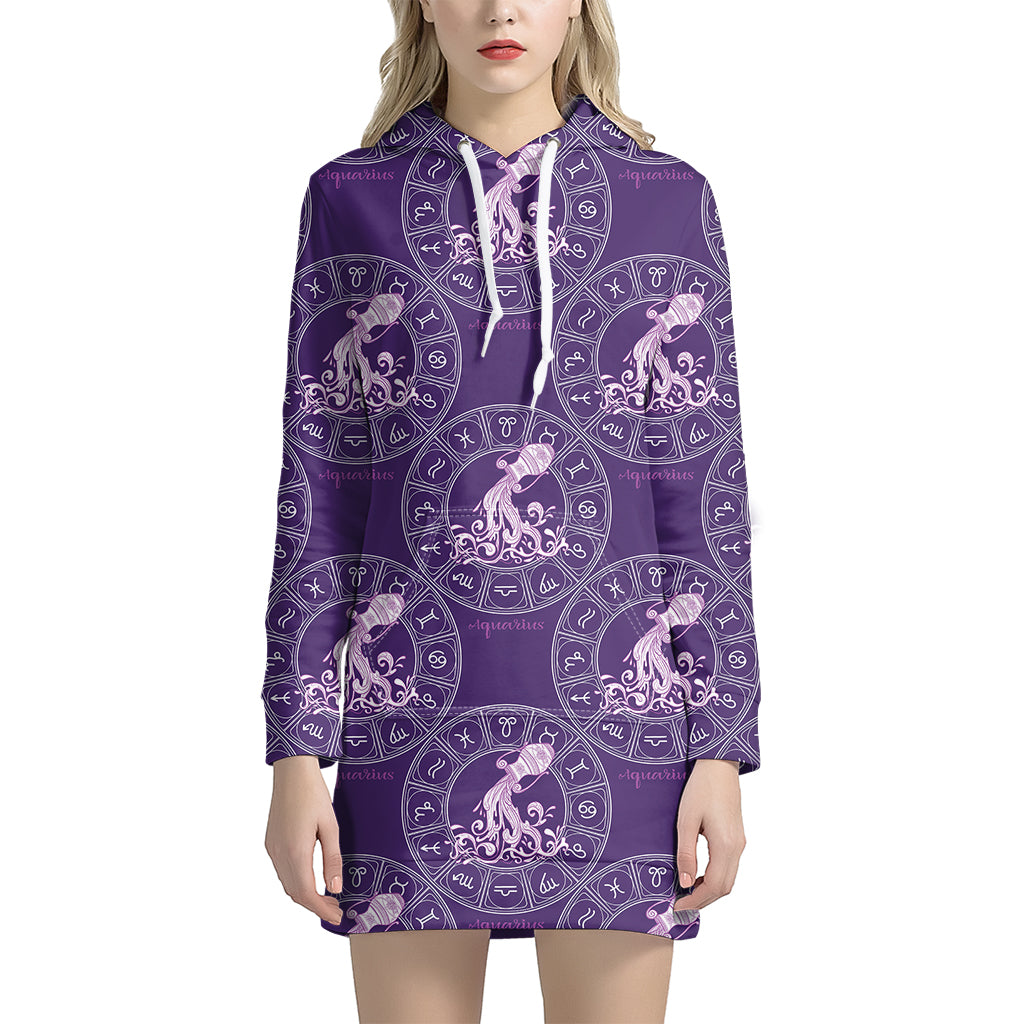 Purple Aquarius Zodiac Pattern Print Hoodie Dress