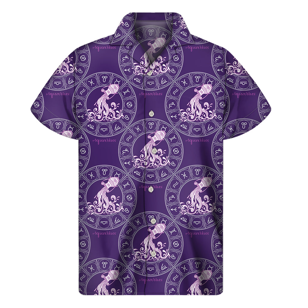 Purple Aquarius Zodiac Pattern Print Men's Short Sleeve Shirt