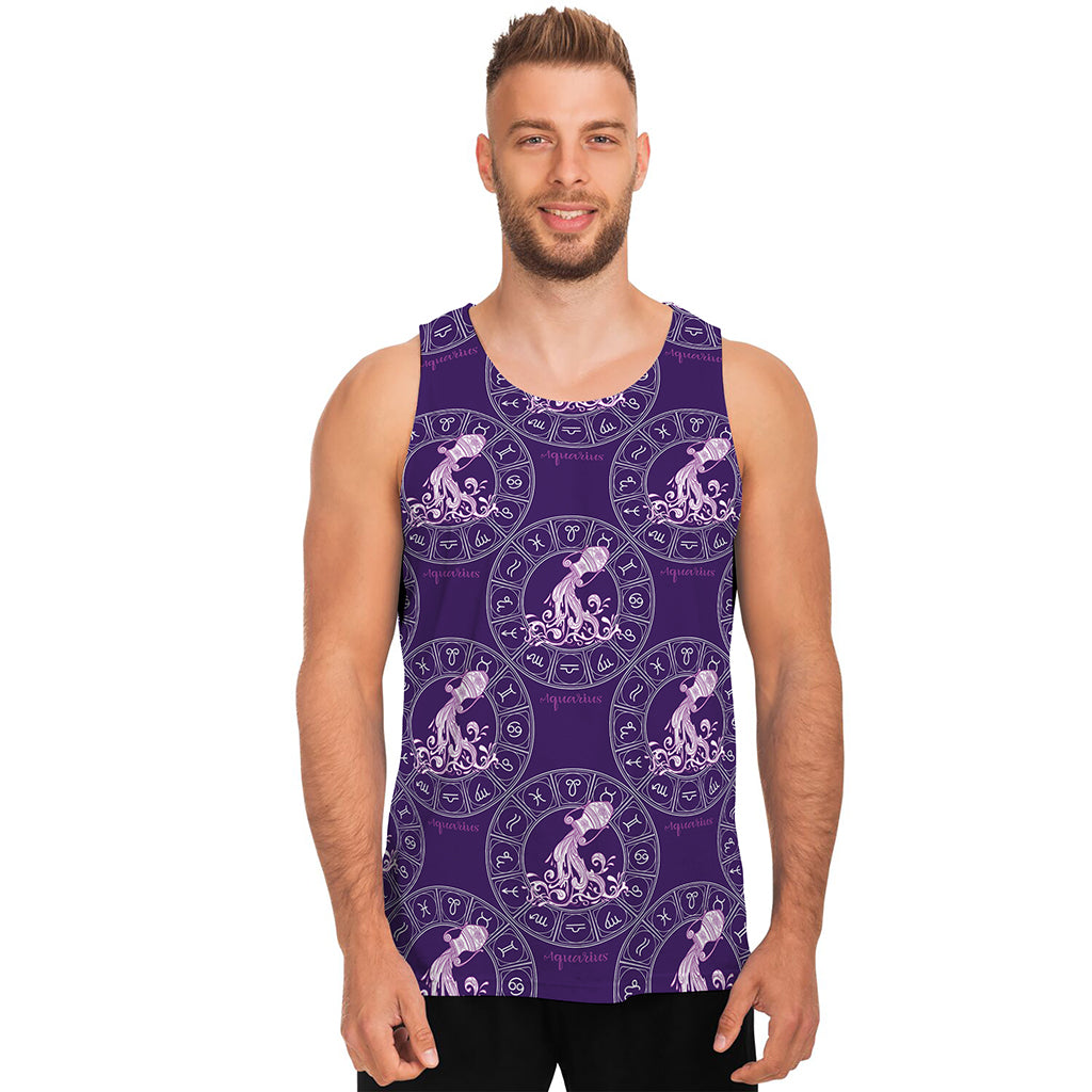 Purple Aquarius Zodiac Pattern Print Men's Tank Top