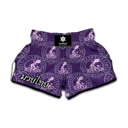 Purple Aquarius Zodiac Pattern Print Muay Thai Boxing Shorts