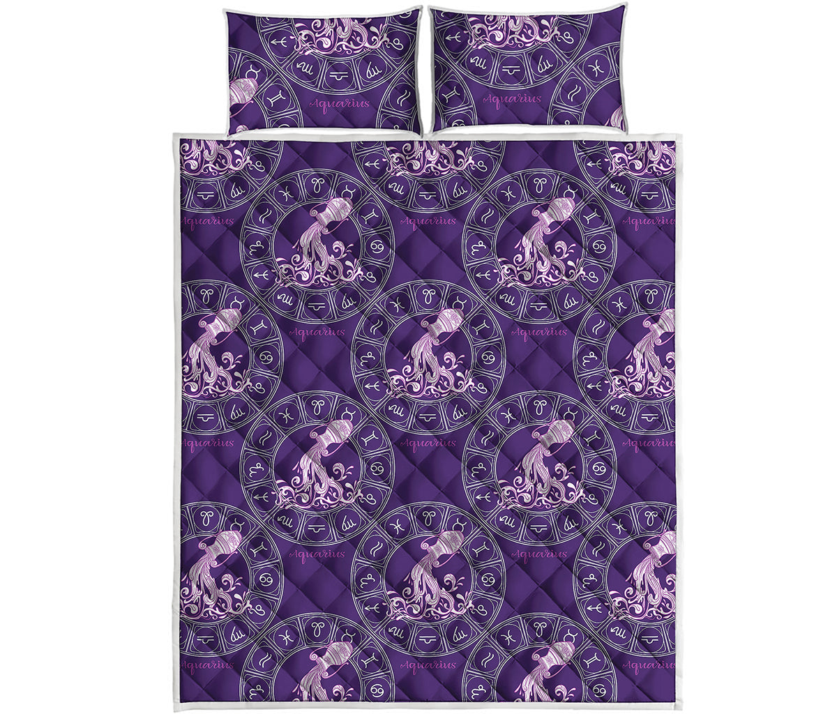 Purple Aquarius Zodiac Pattern Print Quilt Bed Set