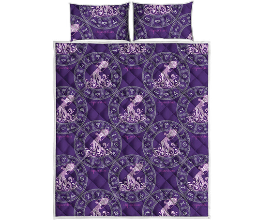 Purple Aquarius Zodiac Pattern Print Quilt Bed Set