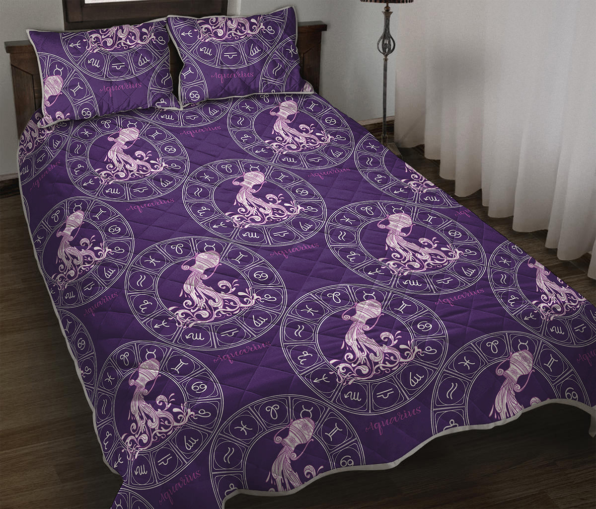 Purple Aquarius Zodiac Pattern Print Quilt Bed Set