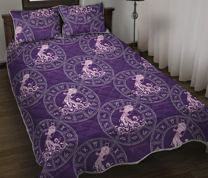 Purple Aquarius Zodiac Pattern Print Quilt Bed Set
